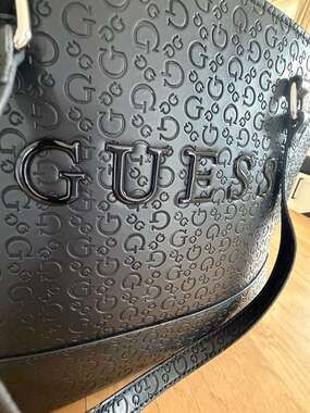 Guess Black Embossed Logo Tote Bag with Large Metal Logo